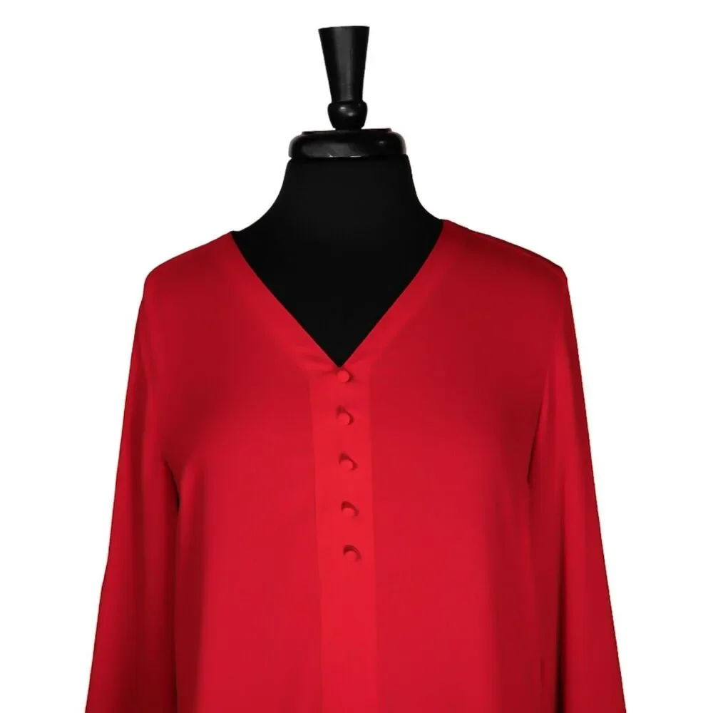 Express Women's Blouse Red V-Neck Roll Tab Long Sleeve Half Button Shirt Top M - Picture 5 of 10